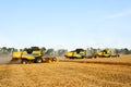 Combine harvesters working in wheat field with clear blue sky. Harvesting machine driver cutting crop in a farmland Royalty Free Stock Photo