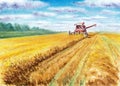 The combine harvests wheat. Yellow field and cloudy sky in the distance. Hand drawn watercolors on paper textures. Raster Royalty Free Stock Photo