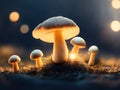 Combined with a bokeh background, three mushrooms are lying on the ground.