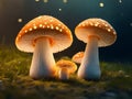 Combined with a bokeh background, three mushrooms are lying on the ground.