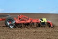 Combined tillage unit on arable land close-up. Copy space