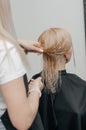 Combing the hair drying brush. Stylist drying woman hair in hairdresser salon Royalty Free Stock Photo