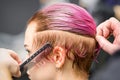 Combing the hair of a young woman during coloring hair in pink color at a hair salon close up. Royalty Free Stock Photo