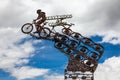 Combita, Boyaca, Colombia - 8th of August 2023: Industrial monument to the cyclists at the entrance of the Combita Municipality