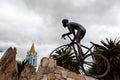 COMBITA, COLOMBIA - AUGUST 2023. Life-size monument in honor of the famous cyclist Nairo Quintana in the main square of the