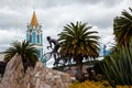 COMBITA, COLOMBIA - AUGUST 2023. Life-size monument in honor of the famous cyclist Nairo Quintana in the main square of the