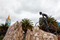 COMBITA, COLOMBIA - AUGUST 2023. Life-size monument in honor of the famous cyclist Nairo Quintana in the main square of the