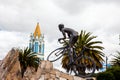 COMBITA, COLOMBIA - AUGUST 2023. Life-size monument in honor of the famous cyclist Nairo Quintana in the main square of the