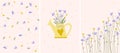 Combo of bright compositions with spring flowers in garden watering can, decorative flowers and leaves. Postcards Spring