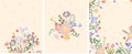 Combo of bright posters with spring flowers, tulip, crocus, lavender and green leaves. Postcards Spring flowering. Ideal