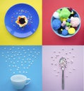 Combo photo plate, bowl, spoon and cup on colorful background