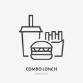 Combo lunch flat line icon. Vector thin sign of fast food, cafe logo. Burger, soda and french fries illustration for Royalty Free Stock Photo