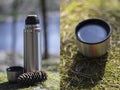 Combo picture of two photos: thermos, cup and pinecone- picnic on mossy background