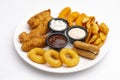 Combo plate of Onion Rings, Mozzarella cheese, Wedges, Breaded Shrimps, Chicken Sticks