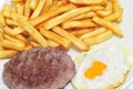 Combo platter with fried egg, burger and french fries