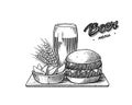 Combo set of fast food and beer for bar menu. Burger or sandwich and drink and fries and wheat. American banner or Royalty Free Stock Photo