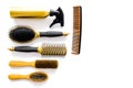 Combs and hairdresser tools in beauty salon on white background top view copyspace Royalty Free Stock Photo