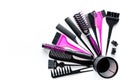Combs and hairdresser tools in beauty salon on white background top view copyspace Royalty Free Stock Photo