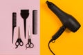 Combs and hairdresser tools on color background top view Royalty Free Stock Photo
