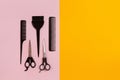 Combs and hairdresser tools on color background top view Royalty Free Stock Photo