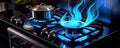 Modern kitchen stove cook with blue flames burning. generative ai