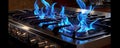 Modern kitchen stove cook with blue flames burning. generative ai