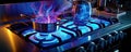 Modern kitchen stove cook with blue flames burning. generative ai