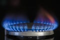 Combustion of natural gas, propane. Gas stove on a black background. Fragment of a gas kitchen stove with a blue flame Royalty Free Stock Photo