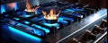 Modern kitchen stove cook with blue flames burning. generative ai