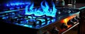 Modern kitchen stove cook with blue flames burning. generative ai