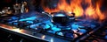 Modern kitchen stove cook with blue flames burning. generative ai Royalty Free Stock Photo