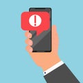 Comcept of alert message mobile notification. Danger error alerts, virus problem in smartphone