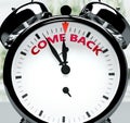 Come back soon, almost there, in short time - a clock symbolizes a reminder that Come back is near, will happen and finish quickly Royalty Free Stock Photo