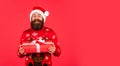 Come get ready for Christmas. Perfect gift. Santa Claus wishes Merry Christmas. Bearded man feel festive. Enjoy xmas Royalty Free Stock Photo