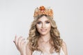 Come here. Beauty crowned queen girl woman actress miss bride asking you to come closer with hand gesture looking at camera Royalty Free Stock Photo