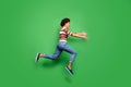 Come here dear friend. Full length profile side photo of crazy afro american girl see her best buddy jump run want hug Royalty Free Stock Photo