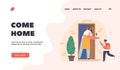 Come Home Landing Page Template. Joyful Mother Meeting Her School-aged Son At Home Doorway. Familial Love, Parenting