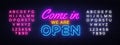 Come in we are Open neon sign vector design template. Open Shop neon text, light banner design element colorful modern Royalty Free Stock Photo