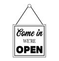 Come in we are open, retro information sign with black text on white background Royalty Free Stock Photo