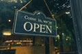 COME IN, WE ARE OPEN - Open sign broad hang on entrance door with copy space at coffee shop or restaurant Royalty Free Stock Photo