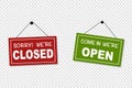 Come in we are open and sorry we are closed signs vector isolated. Green and red board for the shop. Information sign. Royalty Free Stock Photo