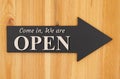 Come in we are open type message on a hanging arrow chalkboard sign