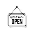 Come in we`re open sign in black and white color, outline line design template illustration Royalty Free Stock Photo