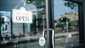 Come in we`re open sign, on cafe or restaurant hang on door at entrance Royalty Free Stock Photo