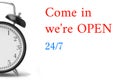 Come in we`re OPEN sign in red and white, on shop door Royalty Free Stock Photo