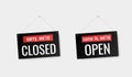 Come in we`re open, sorry we`re closed door signs stickers for your needs. Modern flat style vector illustration Royalty Free Stock Photo