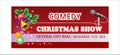 Comedy Christmas show ticket, event, admission. hand bell, balls, mistletoe new year Royalty Free Stock Photo