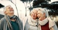 Comedy, laughing and senior woman friends outdoor in a park together for bonding during retirement. Portrait, smile and Royalty Free Stock Photo