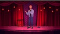 Comedy performance, live stand up show with comedian speaking on stage with red curtains