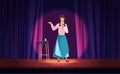 Comedy show of female comedian on stage, comic girl holding microphone to perform jokes